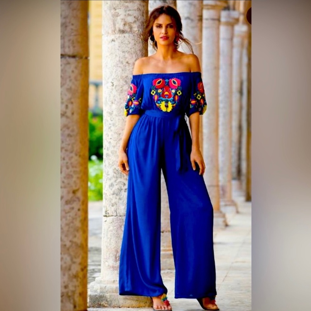 Blue embroidered jumpsuit. VaVa by Joy Han.
